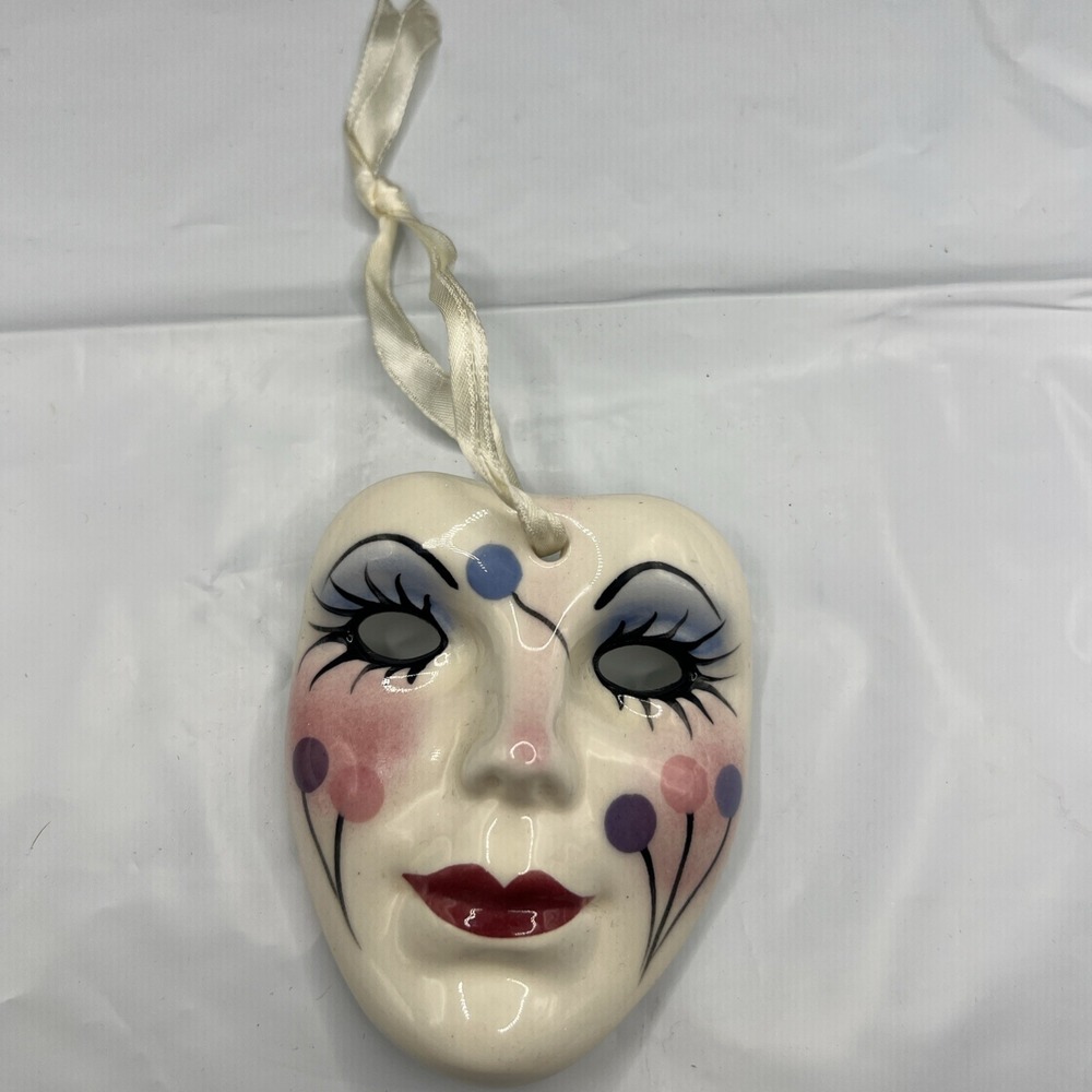 Vintage Fancy Faces New Orleans Ceramic Mask Christmas Ornament Signed Pat NOLA